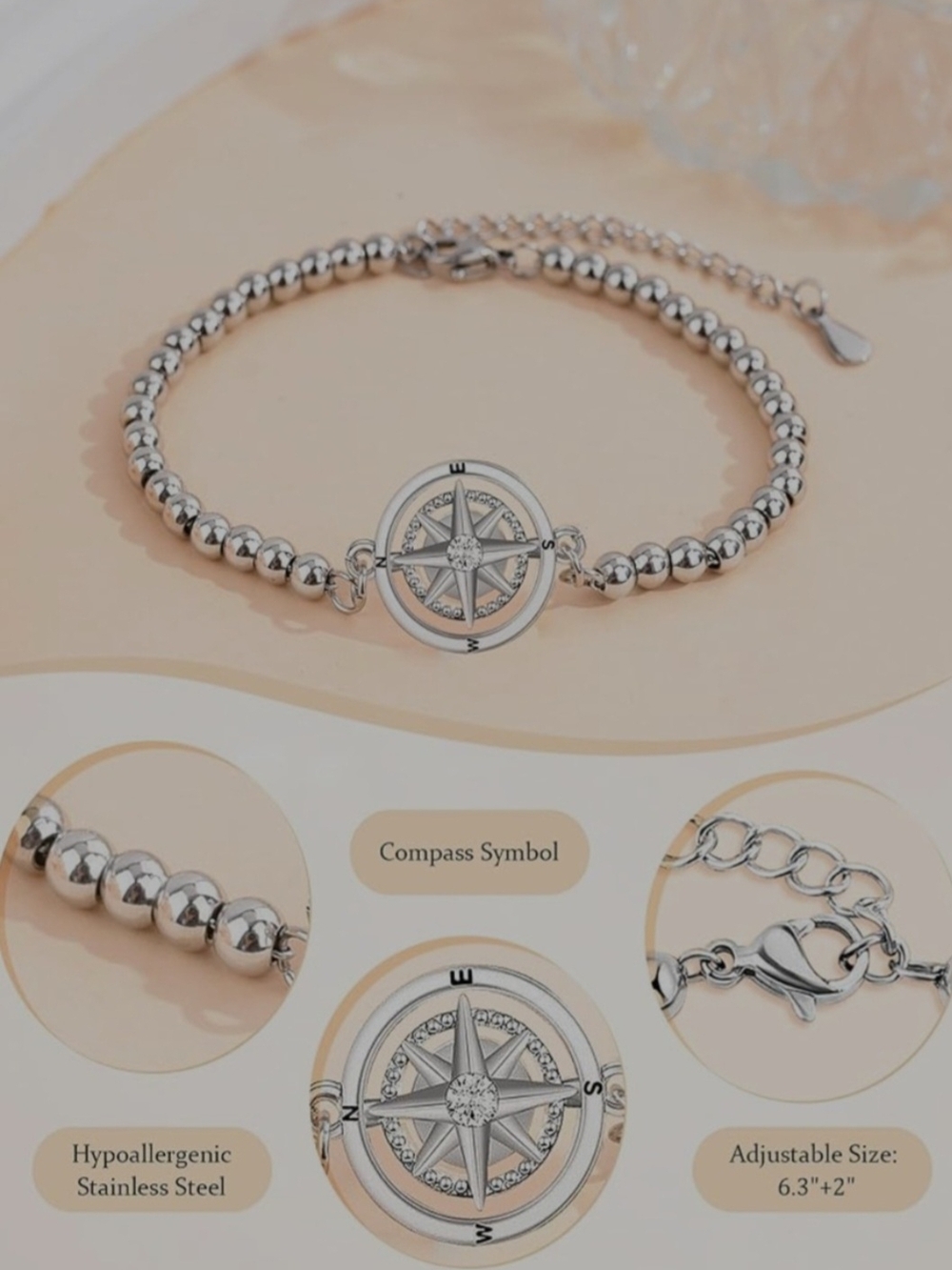 Compass Charm Silver Beaded "Happy Retirement" bracelet - Picture 2 of 5